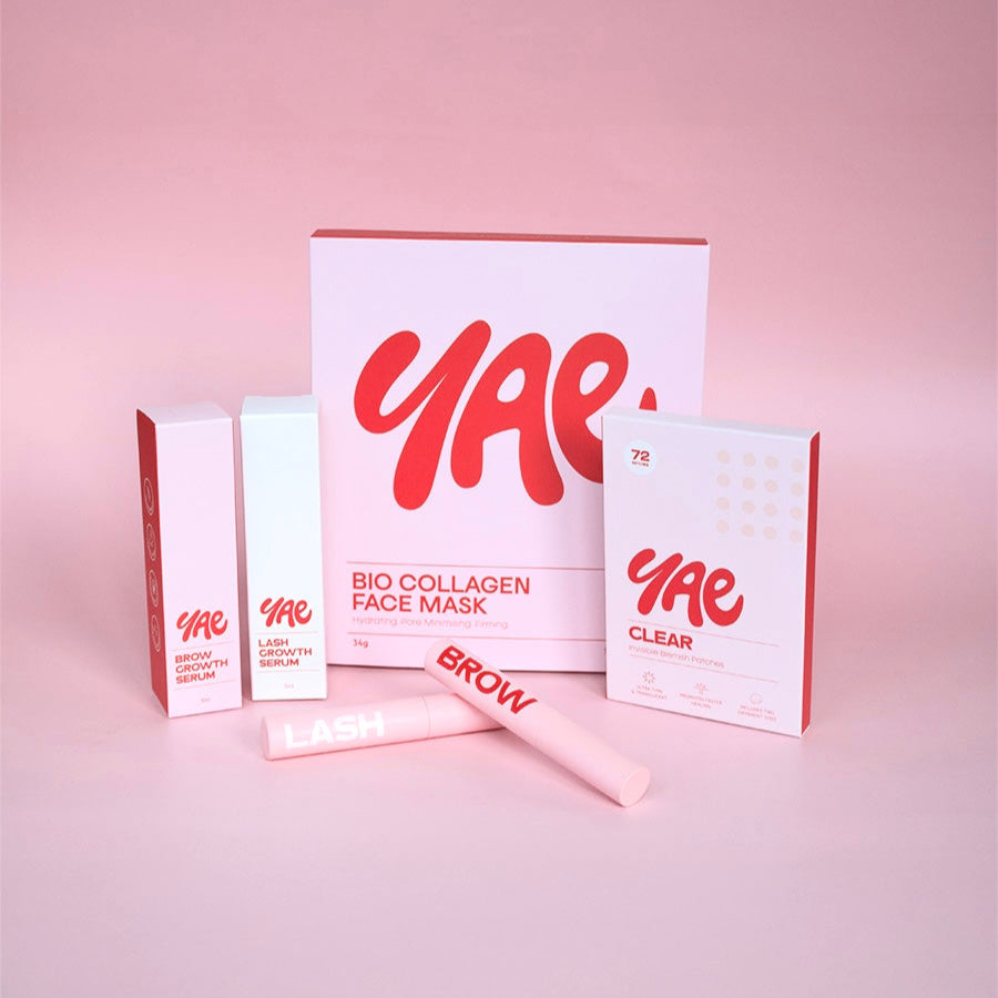 Glow Up Bundle by Yae Beauty Co featuring bio collagen face masks, lash growth serum, brow growth serum, and clear pimple patches