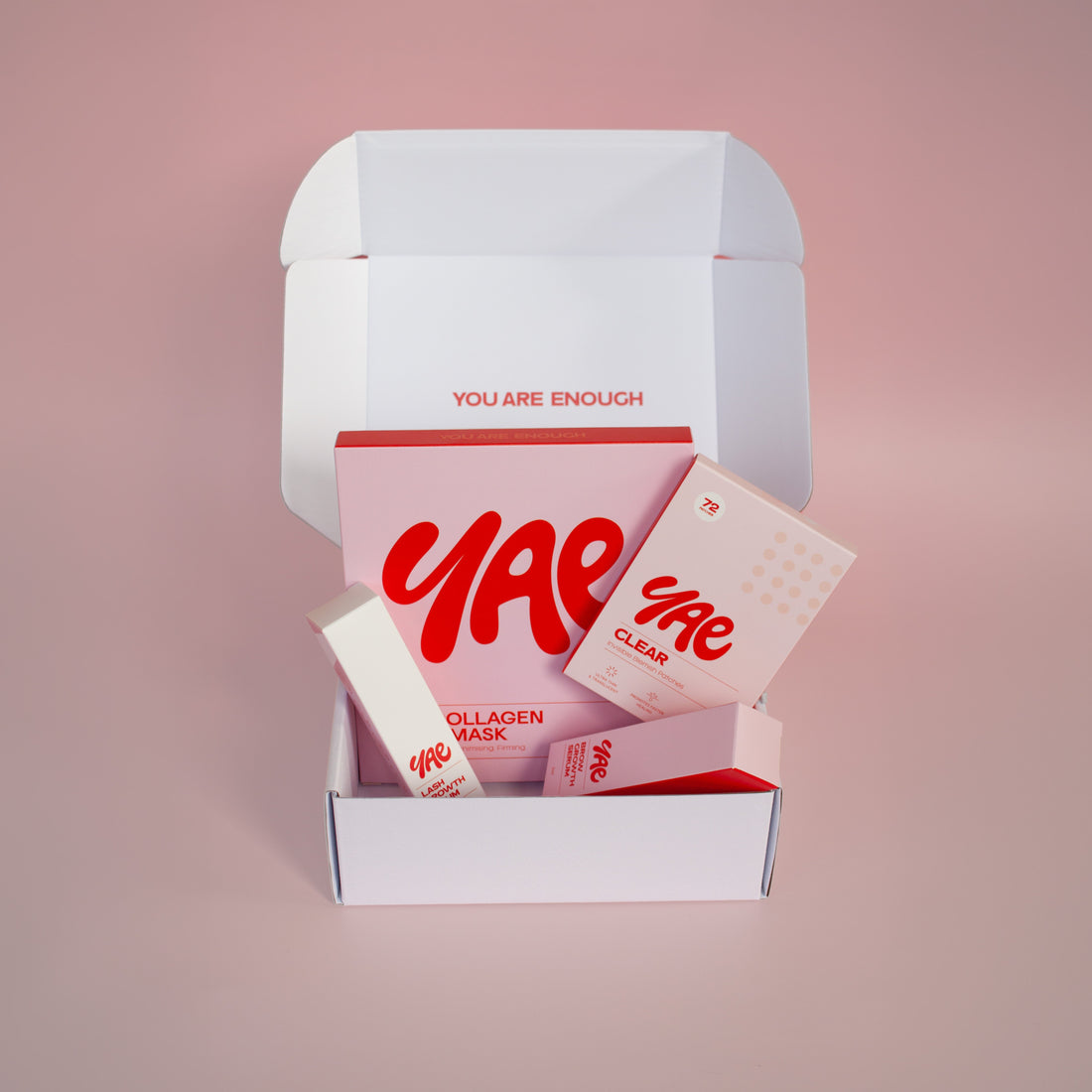 Glow Up Bundle by Yae Beauty Co featuring bio collagen face masks, lash growth serum, brow growth serum, and clear pimple patches