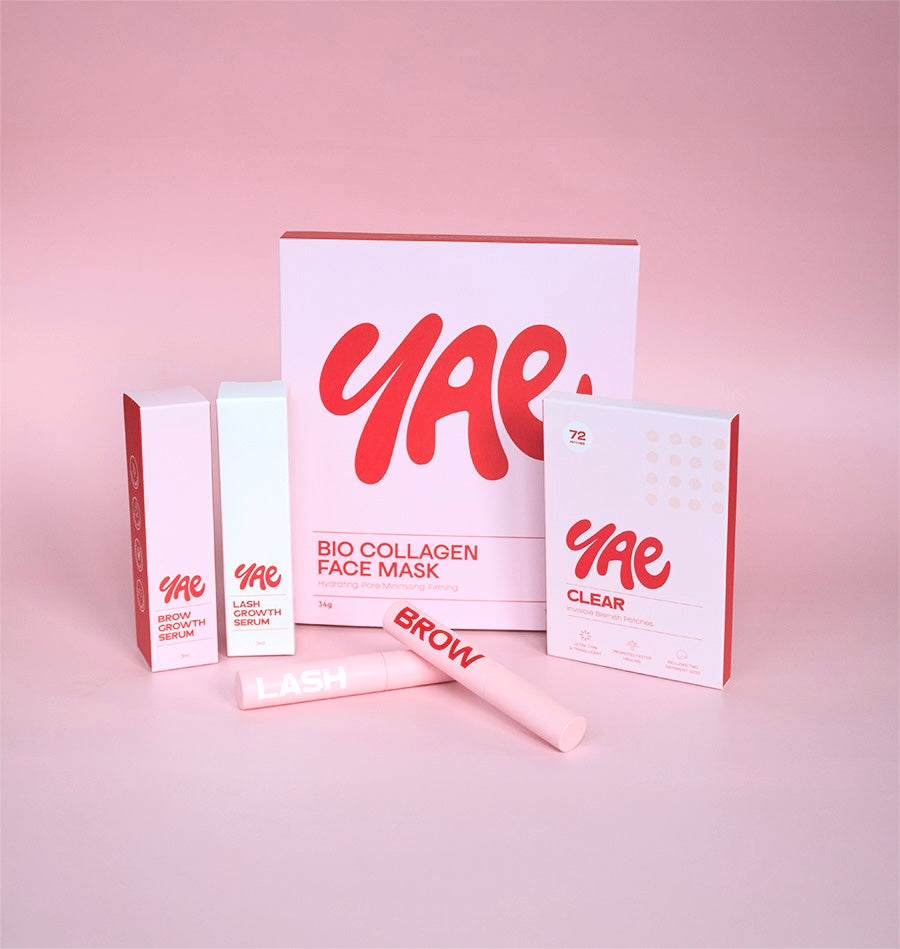 Glow Up Bundle by Yae Beauty Co featuring bio collagen face masks, lash growth serum, brow growth serum, and clear pimple patches